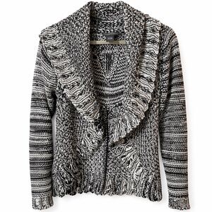 Chelsea & Theodore Black/Ivory Variegated Chunky Knit Open-Front Cardigan  Sz L